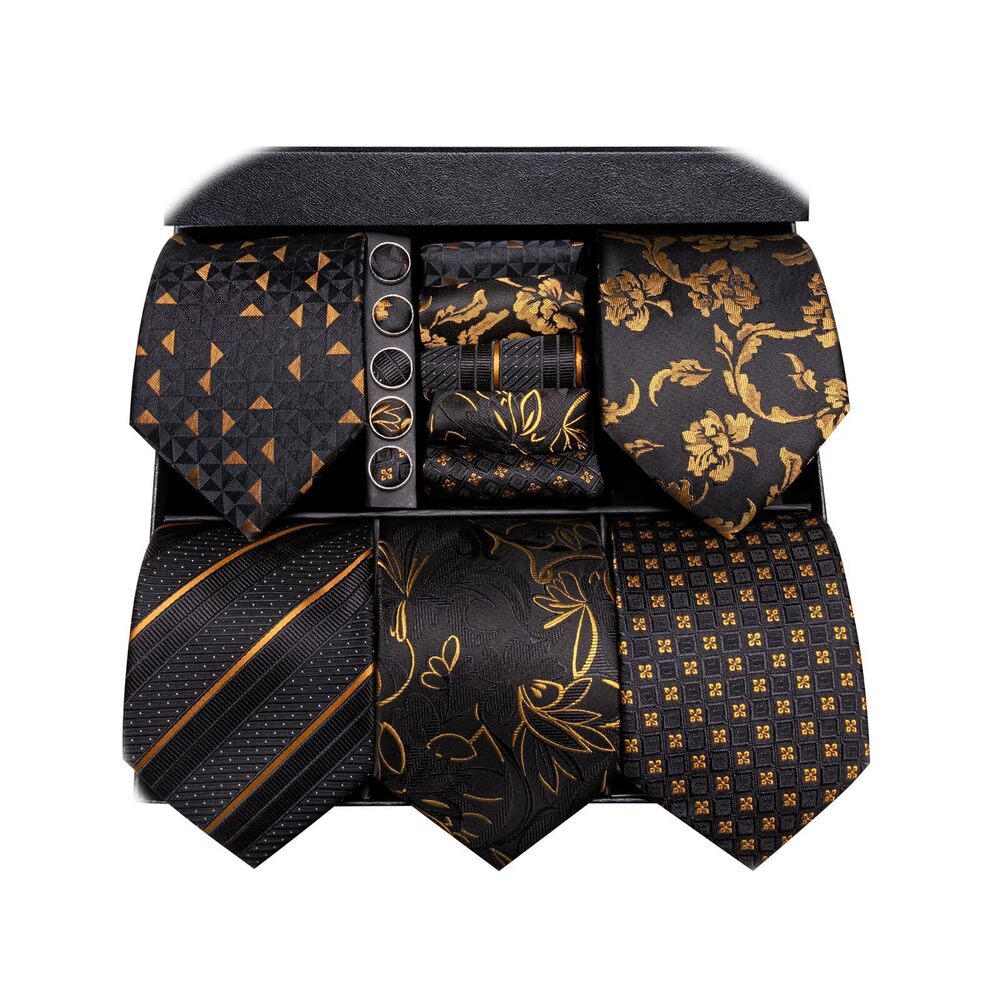 6441 Lot 5 Pcs Gift Box Tie Set Necktie with Pocket Square Cufflinks Silk